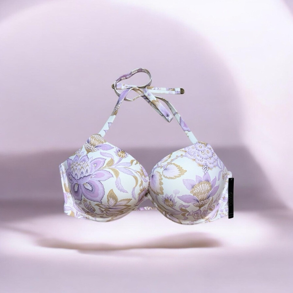 Victorias Secret Swim Bikini Top 36DD Floral Push Up Halter NWT White Purple New